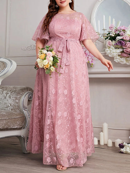 Women's Plus Size Dress Round Neck Short Sleeves Oversized  A-Line Tulle Pink High Waist Floral Lace Formal Evening Dresses