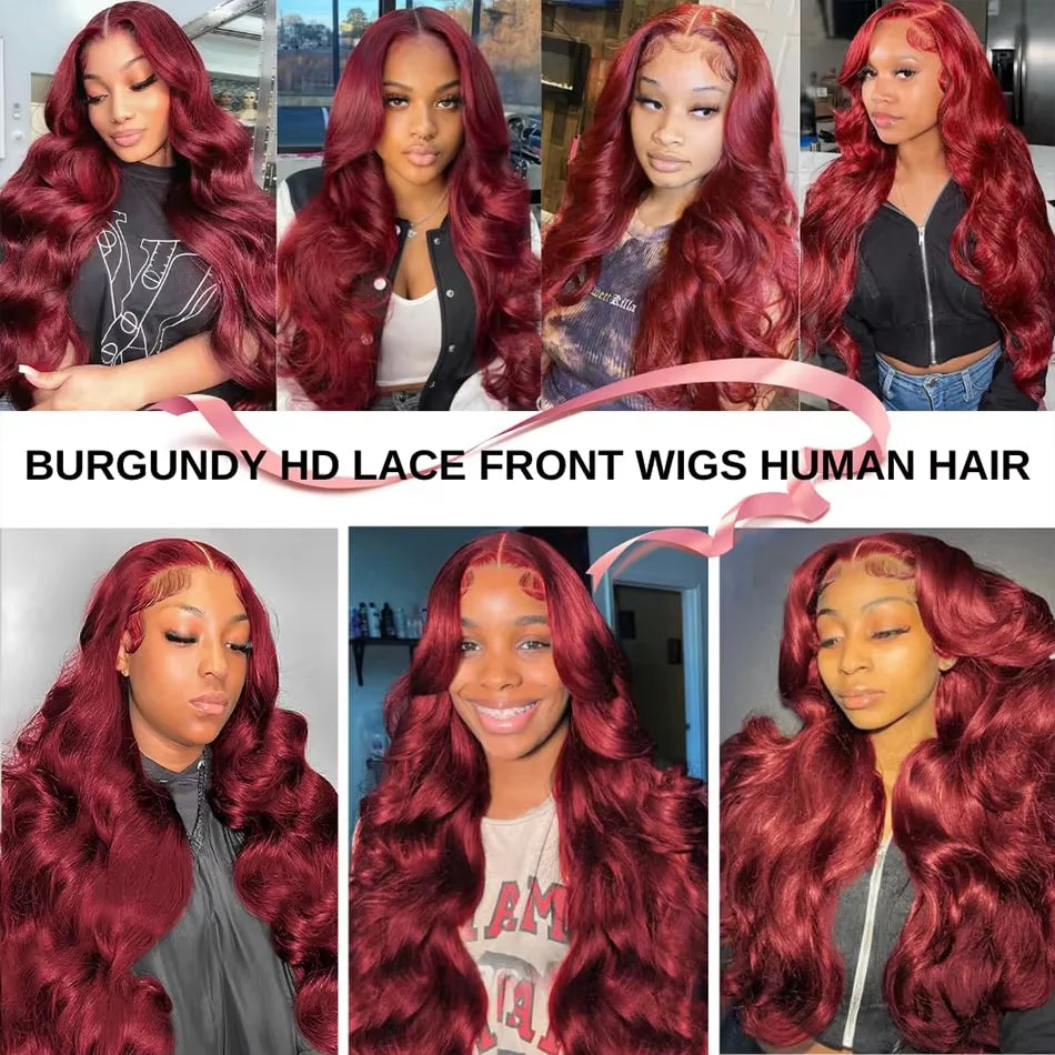 99J Burgundy Body Wave 13x4 13x6 HD Transparent Lace Wig Human Hair Wig 36 Inch wig No Tangle Colored Brazilian Hair Wigs