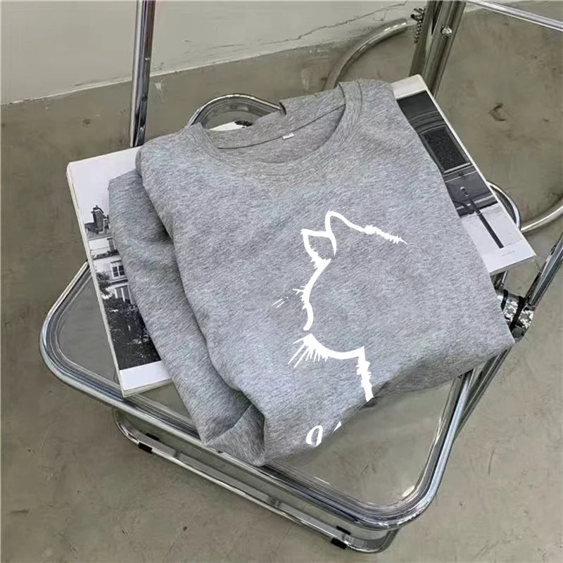 Summer New Loose Dress Women Casual Fashion Cartoon Simple Cat Print Round Neck Short-sleeved Dress