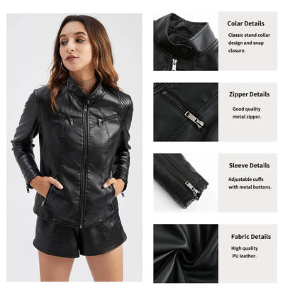 Women's Slim Leather Jacket, Stand-up Collar, Zipper Stitching, Monochromatic Coat, Fashion Clothing, New