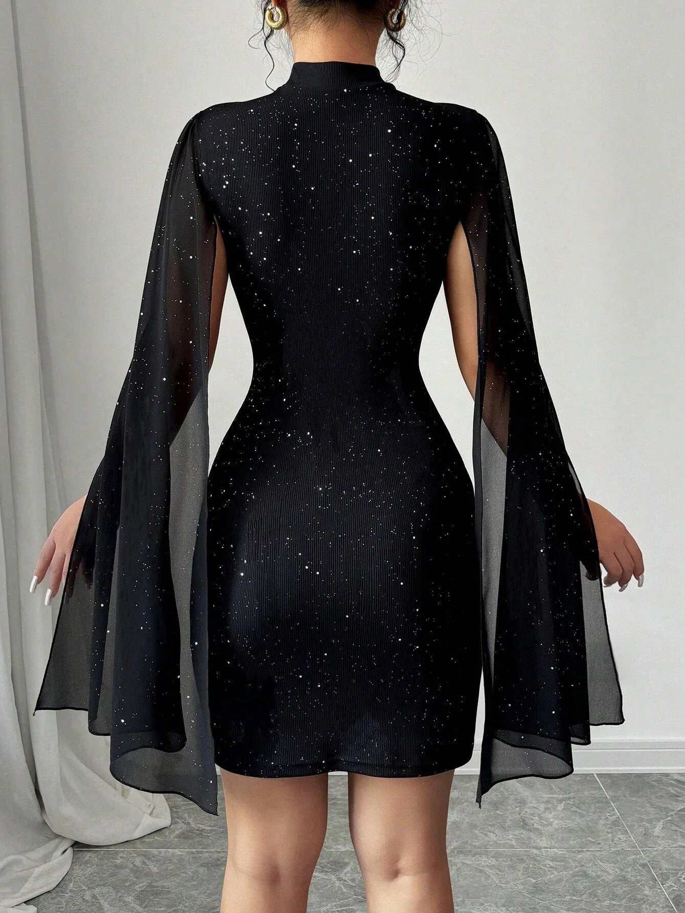 Sexy Women's Stand Collar Cape Mini Dress Sequins Sparkling Club Party Night Out Fitted Bodycon Elegant Autumn Winter 2025