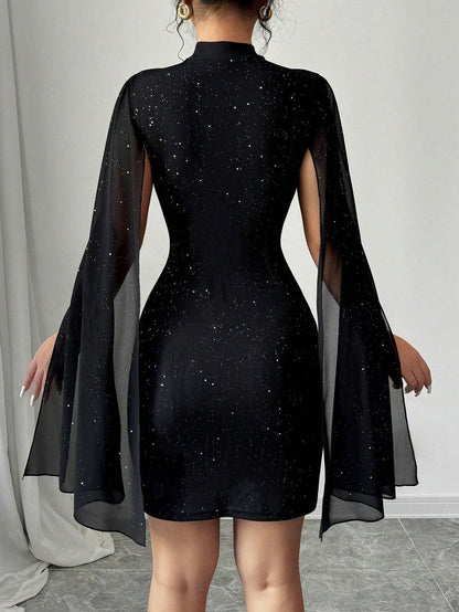 Sexy Women's Stand Collar Cape Mini Dress Sequins Sparkling Club Party Night Out Fitted Bodycon Elegant Autumn Winter 2025