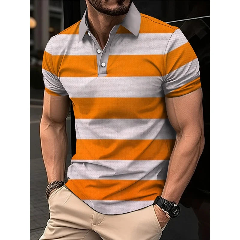 3D Print Stripes Color Block Polo Shirt For Men Colorful Pattern T-Shirts Summer Loose Street Lapel Top Button Short Sleeve Tees