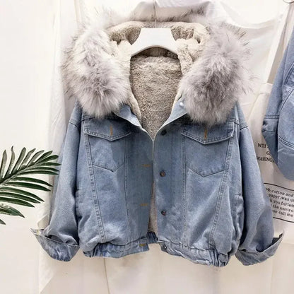 Korean Style Fleece Lined Thickened Hooded Lamb Fur Denim Jacket Women's Large Collar Versatile Cotton Coat Autumn Winter New Ar