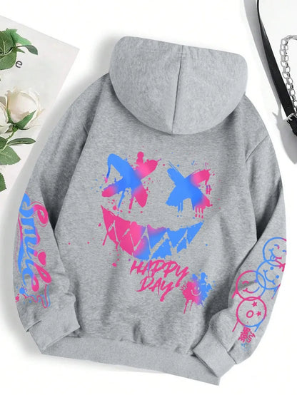 New autumn men's personalized smiling face print comfortable breathable hooded sweatshirt outdoor street fashion hooded sweatshi