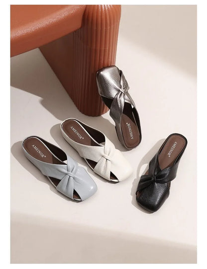 2025 Women Fashionable and Versatile Shoes Brand Slippers Casual and Comfortable Bowknot Casual Leather Slippers