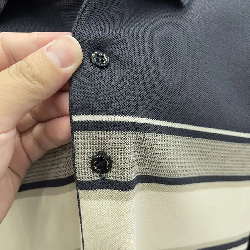 Men Casual Long Sleeve Striped Collar Polo Shirt Loose Fit Spring Autumn Top