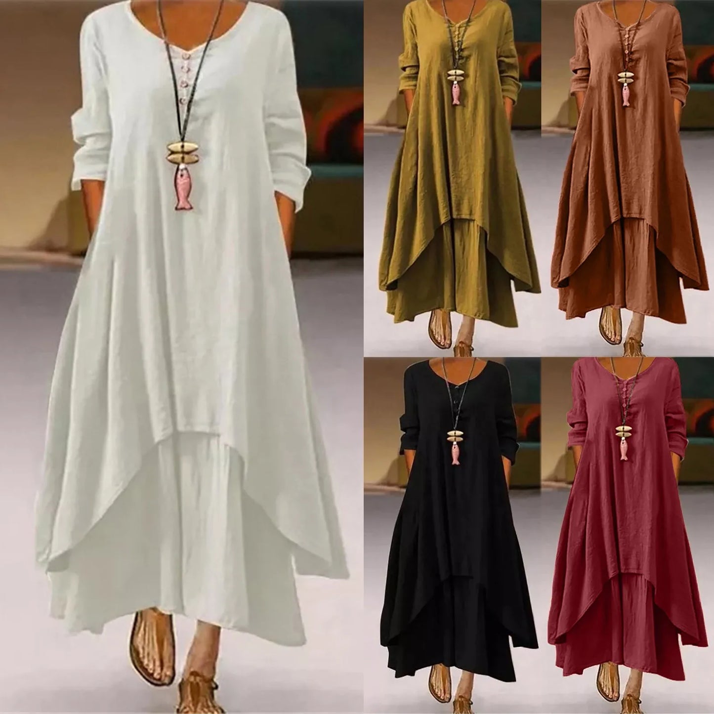 Women Elegant Linen Ginger Dresses Bohemia Layering Vintage Robe Long Sleeve Loose Long Dress Female Autumn Vestidos