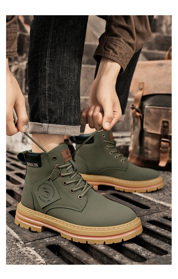 Classic Men High Top Boots High Quality Yellow Leather Boots Fashion Outdoor Sneakers Men Lace Up Non-Slip Ankle Boots for Men