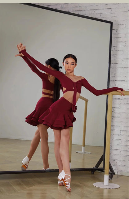 Latin Dance set Clothes Girls Long SLeeves Short Top Skirt Cha cha samba Performance Competition Dress Burgundy Black Dress Kids