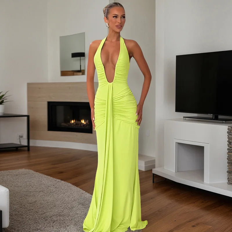 Sexy Deep V-neck Backless Halter Maxi Dresses Women's Sleeveless High Waist Bodycon Pleated Robe 2025 New Evening Party Gown
