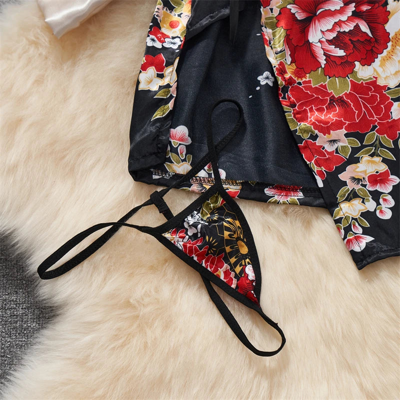 Japanese Kimono V-neck Printed Flower Bow Waist Shaping Cardigan Dress Women Clothing Loose Long Sleeve Vintage Sexy Lace-up New