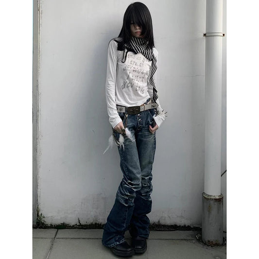 2024 Washed Distressed Micro-flared Jeans for Women Stylish High Street Straight Jeans Harajuku Style Hip Hop Y2k Blue Trousers