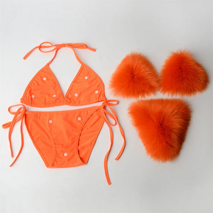 Summer Women Fake Fox Fur Sexy Halter Solid Color Bikini Set Swimsuits Triangle Sexy Bikini Set Faux Fur Swimsuit Plush Swimwear