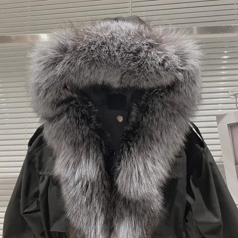Big Fox Fur Collar Removable Rabbit Liner Short Coat Jacket for Women Winter Elastic Hem Hooded Jackets Wram Fashion Outwear