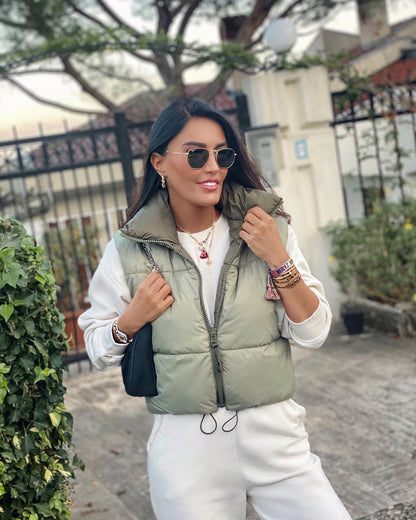 Fall Winter Warm Cropped Vest Jackets for Women Fashion Sleeveless Stand Collar Zip Up Puffer Waistcoat Street Style Outwear