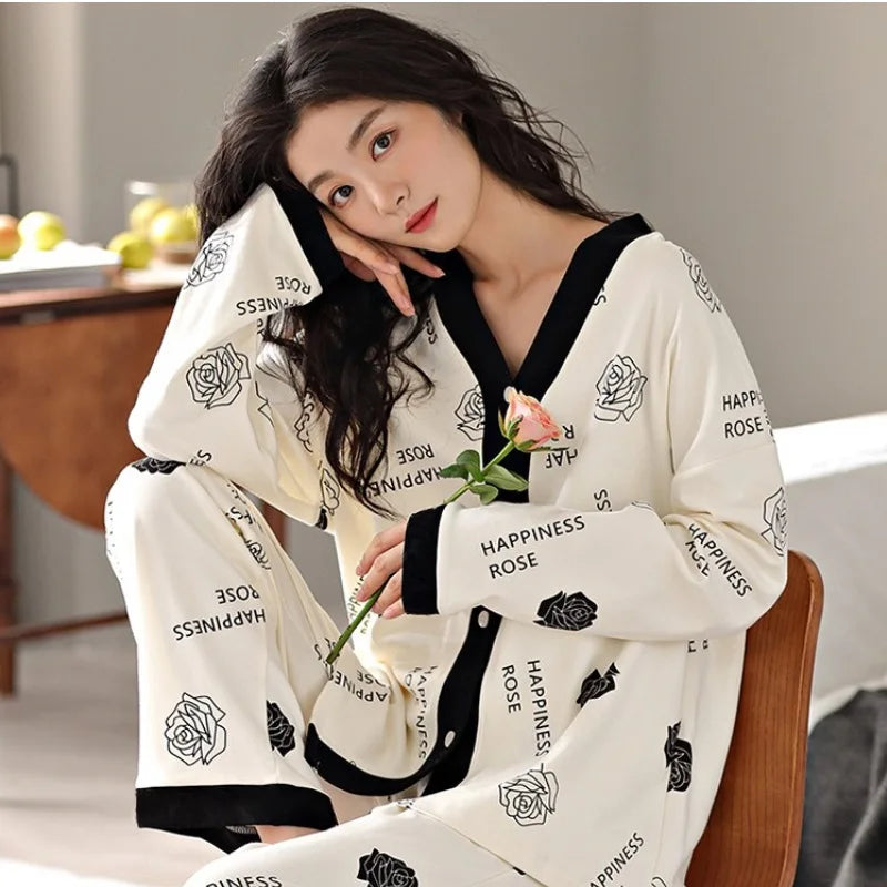 Women Spring and Fall Two-Piece Pajamas Cardigan Long-Sleeved Long Pants Thin Section Polka Dot Printing Maternity Homewear
