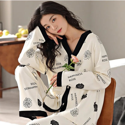 Women Spring and Fall Two-Piece Pajamas Cardigan Long-Sleeved Long Pants Thin Section Polka Dot Printing Maternity Homewear