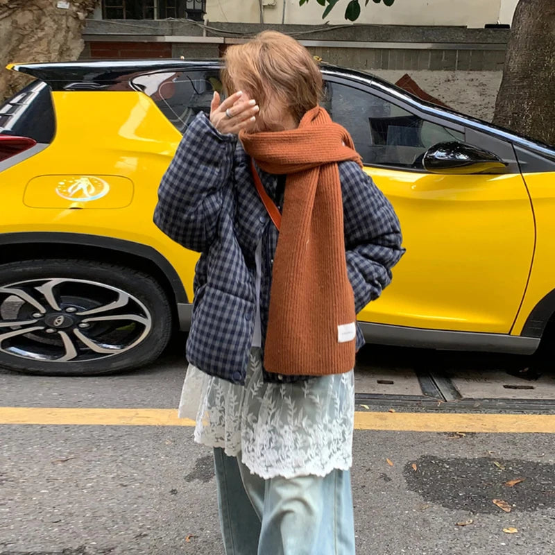 MEXZT Short Plaid Parkas Women Streetwear Stand Collar Puffer Jacket Winter Korean Down Coats Fashion Cotton Padded Outerwears