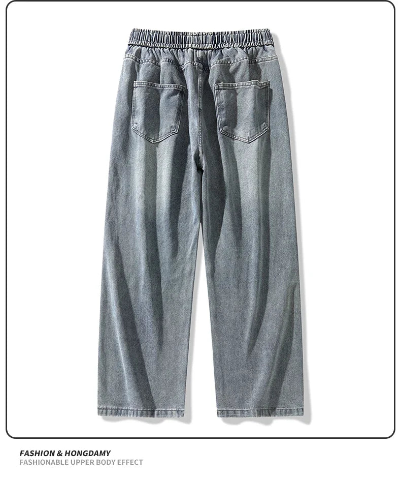 2025 Hip-hop Baggy Denim season elastic waist New Korean Men's Jeans American Loose Fit Wide-leg Straight Casual Trousers Street