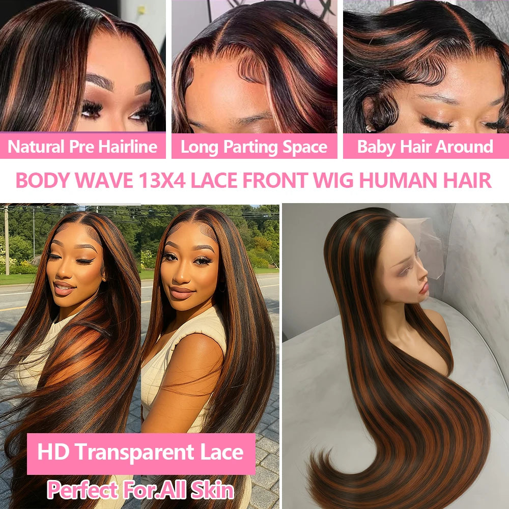 1B/30 Highlight Bone Straight 13x4 Lace Frontal Wigs Human Hair 30 Inch Ombre Brown With Black Colored Human Hair Wig For Women
