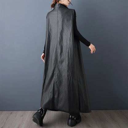Casual Loose PU Leather Jaet Long Stand Collar Windbreaker Outerwear Faionable Design Sense Asymmetrical High-End Feeling