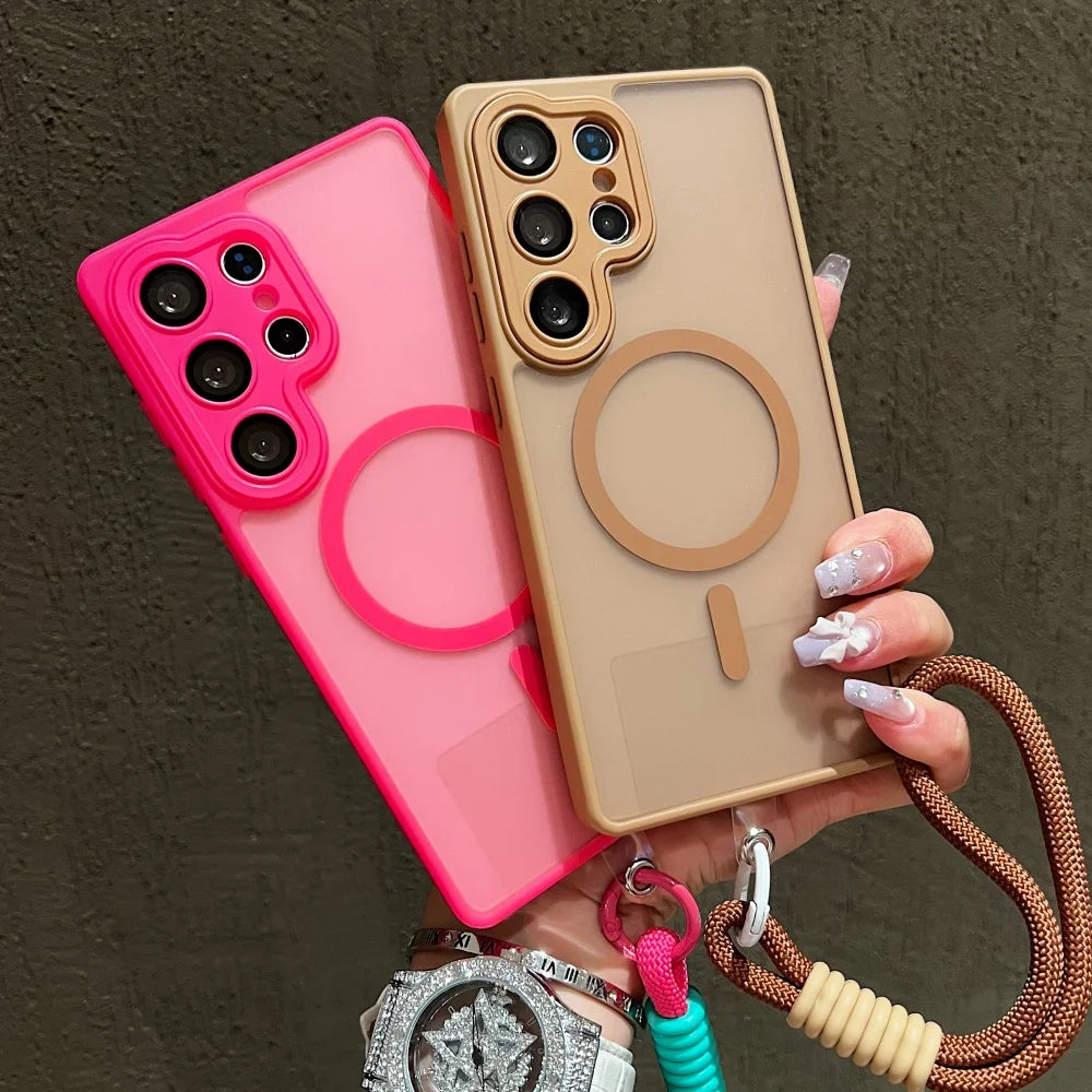 Wrist Strap Cord Magnetic Matte Translucent Armor Case For Samsung S25 Ultra S24 FE S23 Plus For Magsafe Wireless Charge Cover