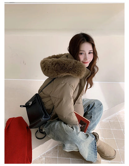 Casual Warm Fur Hooded Cropped Parkas Chic Streetwear Korean Style Down Cotton Coat Thicken Short Women's Winter 2025 Jacket