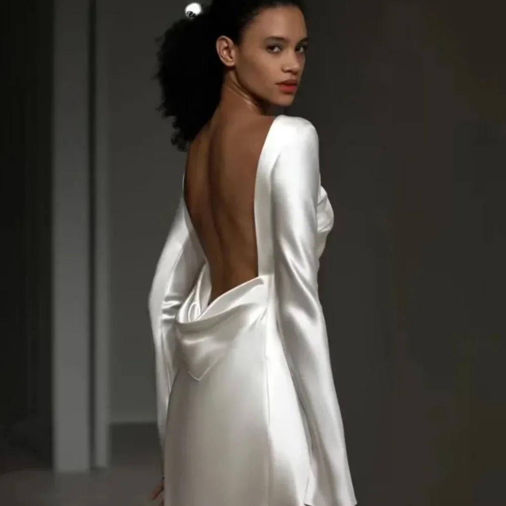 New Wedding Dress Sheath For Bride Silk Satin Full Sleeves Long-Open Back Customized Made Bridal Formal Gown Vestidos De Novia