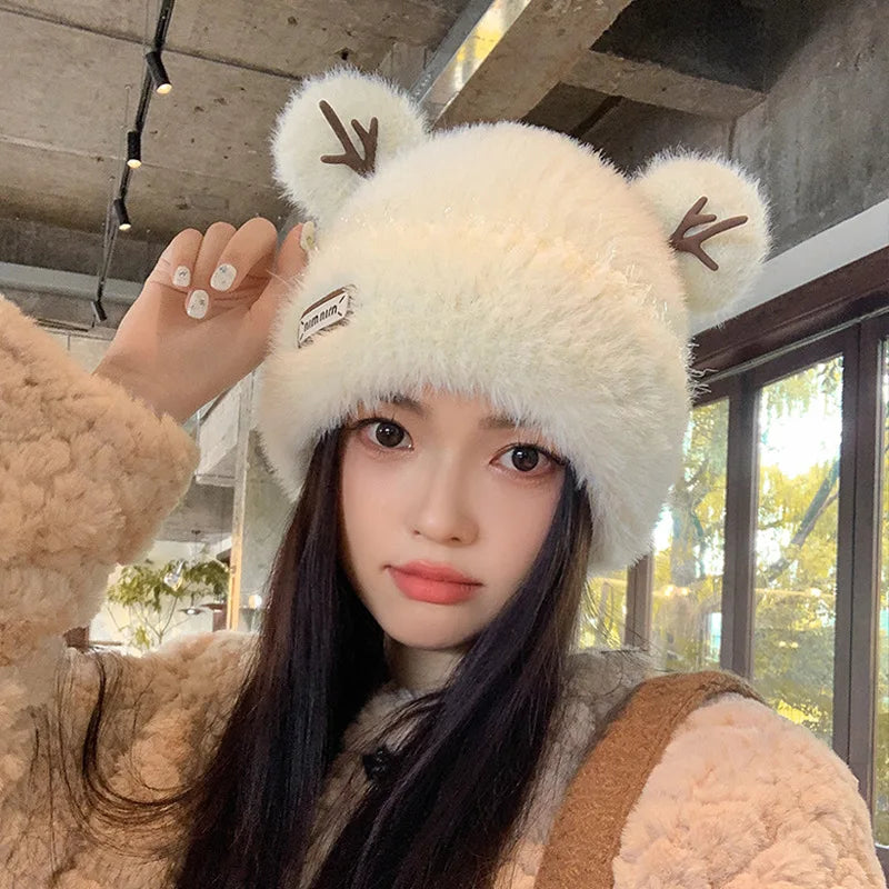Knitted Hat Beanie Winter Warm Fleece Lined Reindeer Antlers Korean Style Cute Christmas Party Women Girls Thickened Thermal