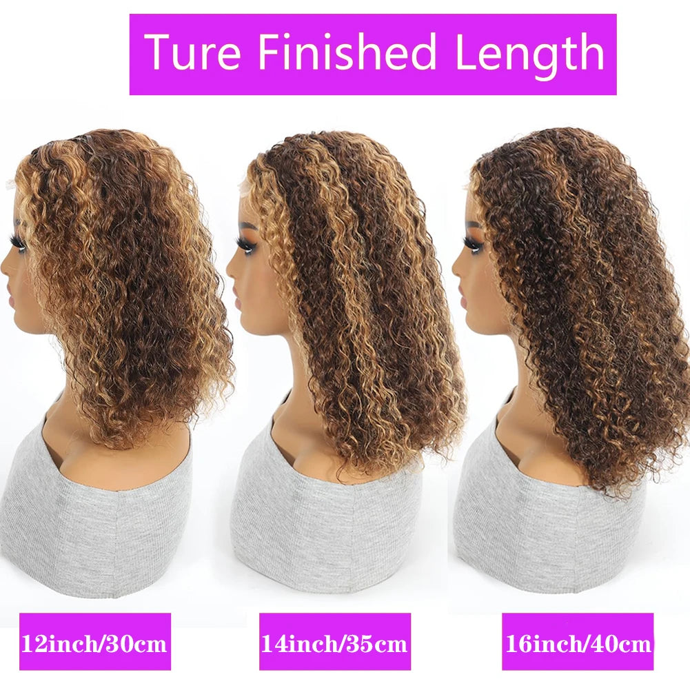 Curly Short Bob Wig Highlight 4/27 Honey Blonde 100% Human Hair 13x4 Lace Front Wig Deep Wave For Women Virgin Human Hair
