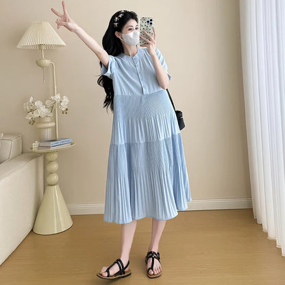 I79359# Pregnant Womens Clothing Cakedress Simple Loose Elegant Summer New Arrival Women Pregnant Mid-Long Maternity Dresses
