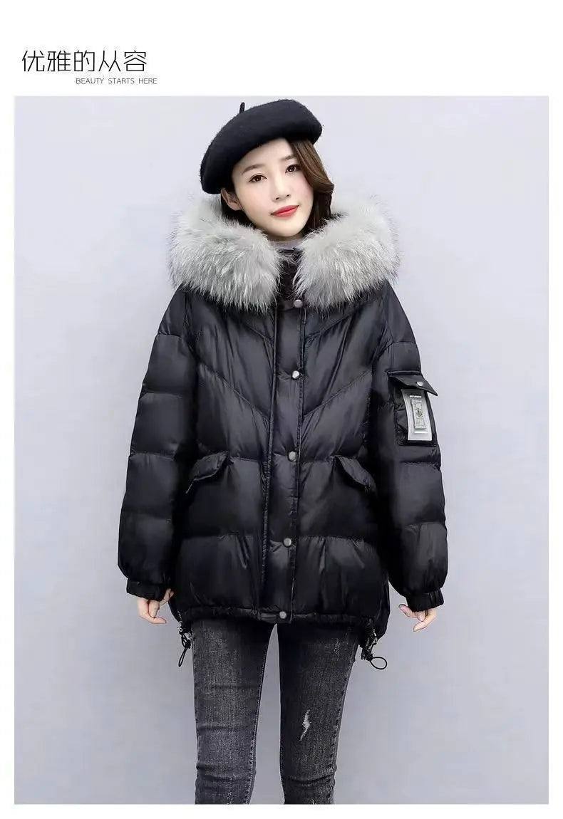 2025 Winter New Warm Down Cotton Jacket With Large Fur collar Hooded Coat Loose Women Thicken Parker Puffer Overcoat Casual wear