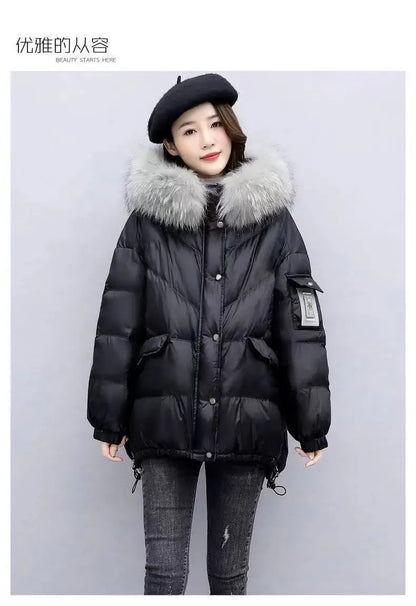 2025 Winter New Warm Down Cotton Jacket With Large Fur collar Hooded Coat Loose Women Thicken Parker Puffer Overcoat Casual wear