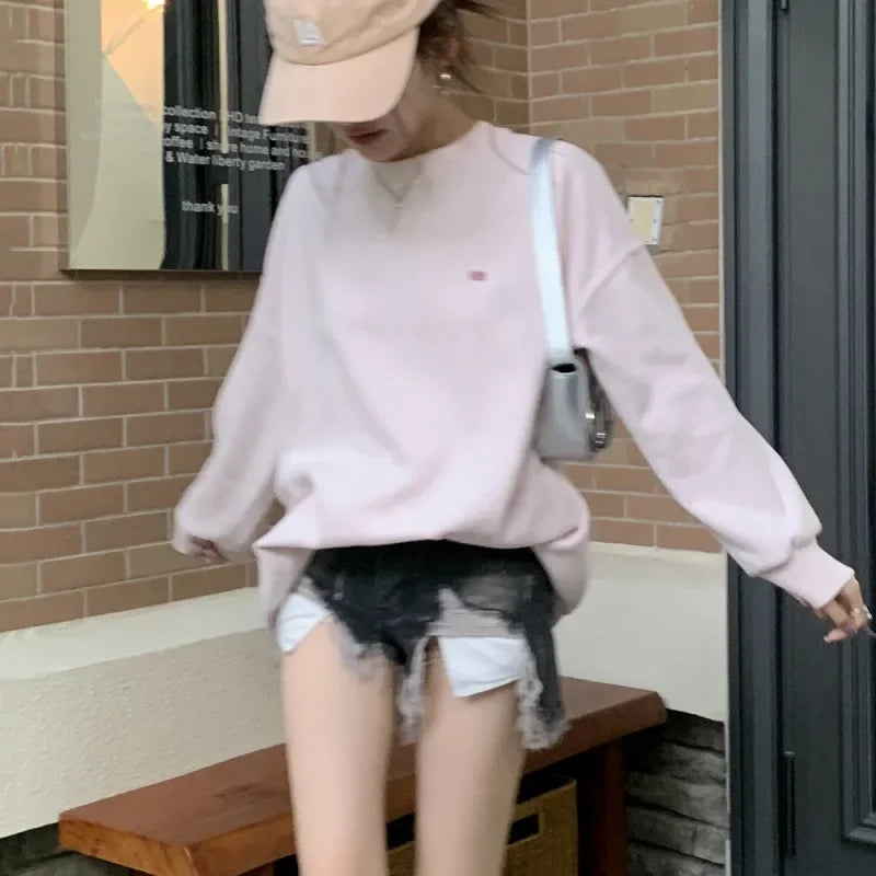 Light Pink Lettered Oversized Shoulder Sweatshirt Women's Full Sleeve round Neck Spring Autumn New Style Comfortable Casual Top