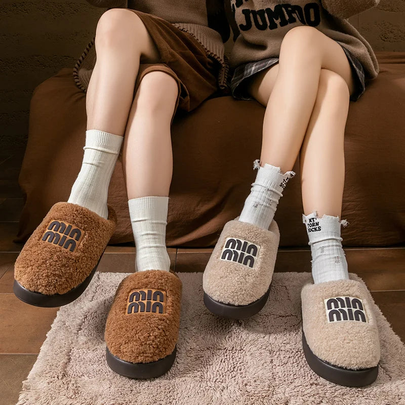 New plush cotton slippers for women, autumn and winter indoor thick sole with plush anti slip slippers, thickened cotton slipper