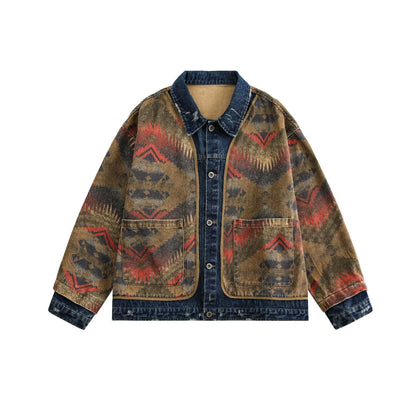 MWJLPWQ Trendy Jacquard Design Male Denim Jacket American Street Style Lapel Personalized Washed Tops 2025 Autumn New 20993