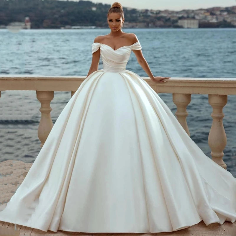 Elegant White Wedding Dresses 2023 Off Shoulder Sweep Train Bride Dress Lace Up Back Satin Wedding Evening Gown Vestido De Novia
