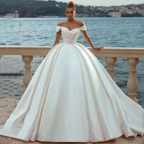 Elegant White Wedding Dresses 2023 Off Shoulder Sweep Train Bride Dress Lace Up Back Satin Wedding Evening Gown Vestido De Novia