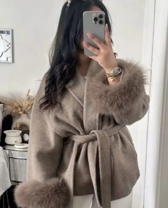 Elegant Lace Up Woolen Short Coat Solid Loose Lapel Furry Belt Long Sleeve Jacket Female 2025 Autumn Winter Lady Chic Cardigan