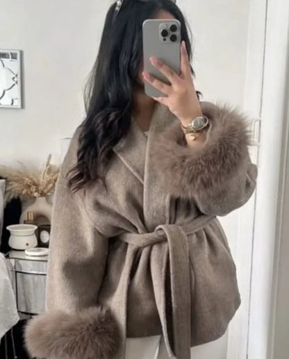 Elegant Lace Up Woolen Short Coat Solid Loose Lapel Furry Belt Long Sleeve Jacket Female 2025 Autumn Winter Lady Chic Cardigan