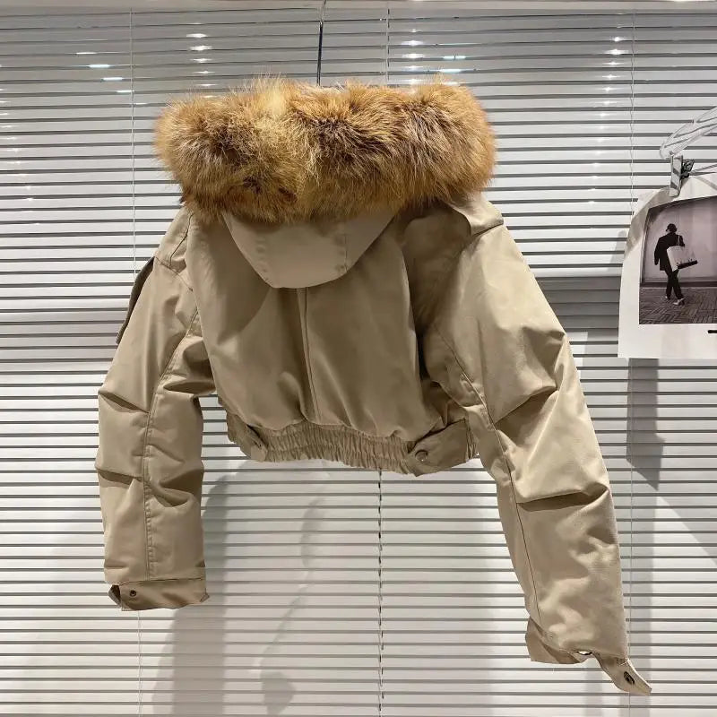 Big Fox Fur Collar Removable Rabbit Liner Short Coat Jacket for Women Winter Elastic Hem Hooded Jackets Wram Fashion Outwear
