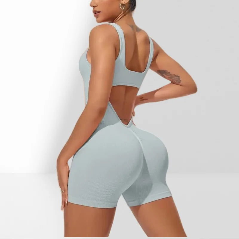 Sexy Backless Women Yoga Rompers U Neck Sleeveless Threaded Jumpsuit Solid Color Elastic Bodysuit Without Bust Pads Streetwear