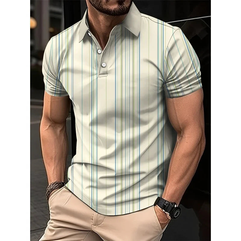 3D Print Stripes Color Block Polo Shirt For Men Colorful Pattern T-Shirts Summer Loose Street Lapel Top Button Short Sleeve Tees
