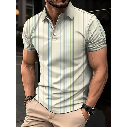 3D Print Stripes Color Block Polo Shirt For Men Colorful Pattern T-Shirts Summer Loose Street Lapel Top Button Short Sleeve Tees