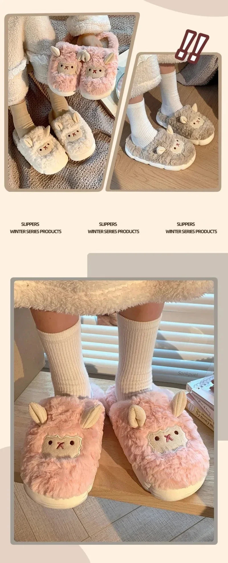 Winter Cartoon Plush Slippers Warm Fluffy Faux Fur Sheep Design Indoor Home Couple Cotton Slippers for Men And Women