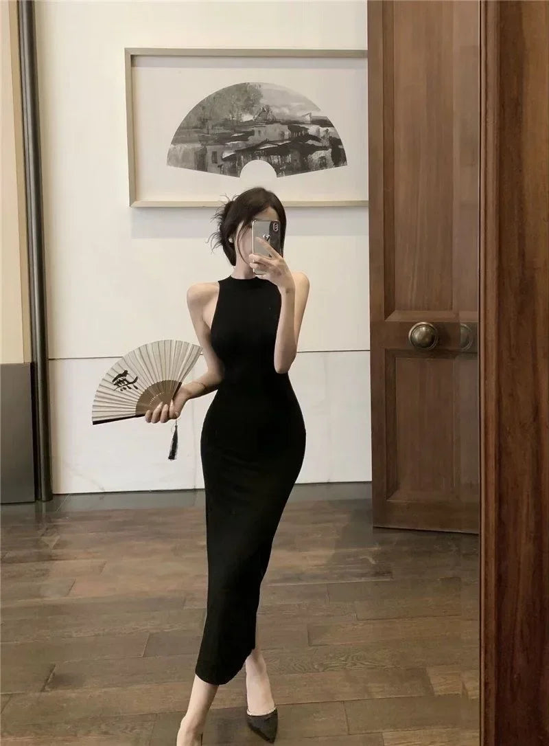 Elegant High Waist Long Sleeveless Dress Neck Hanging Wrap Skirt Slimming Goddess Style Polyester Fiber round Neck Gown