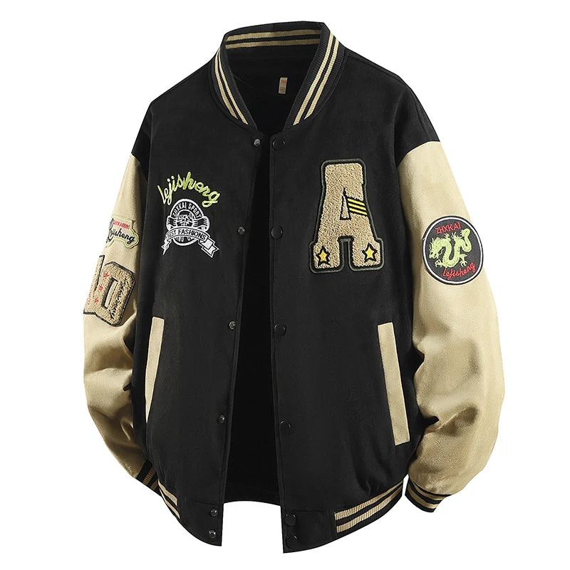 Hip Hop Men's Suede Embroidered Varsity Jacket Color Block Letter Graphic Long Sleeve Baseball Jacket Bomber Coat