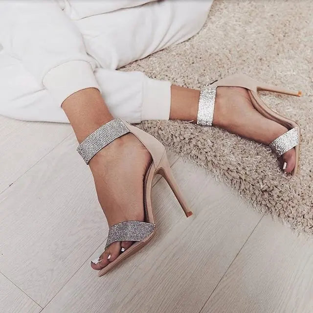 Ankle Strap Women Sandals 2023 Summer Fashion rhinestones Thin High Heels Gladiator Sandal Narrow Band Party Dress Pump Shoes