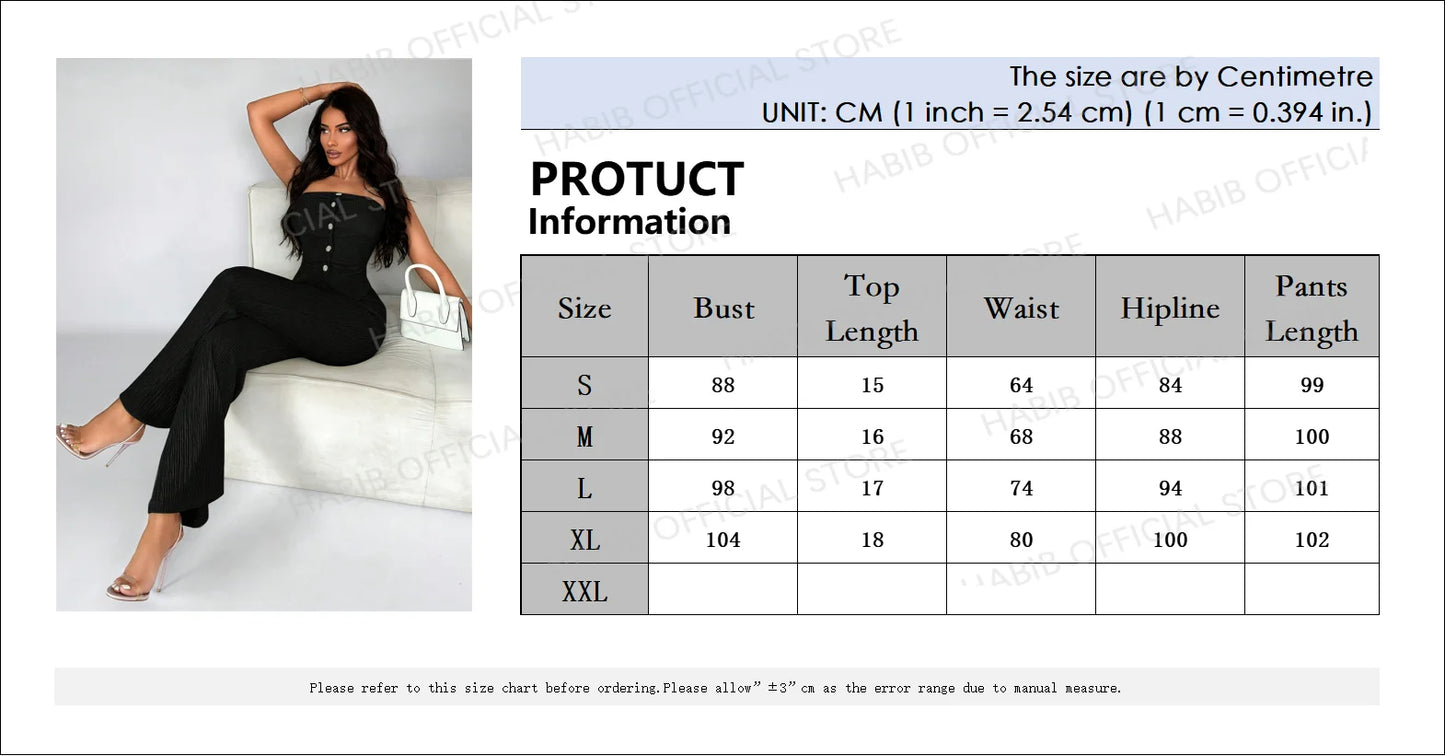 Elegant Women 2 Piece Set Midnight Striped Strapless Tube Bra Knitted Tank Top Bandage+Long Flare Pants Suits Vacation Clubwear